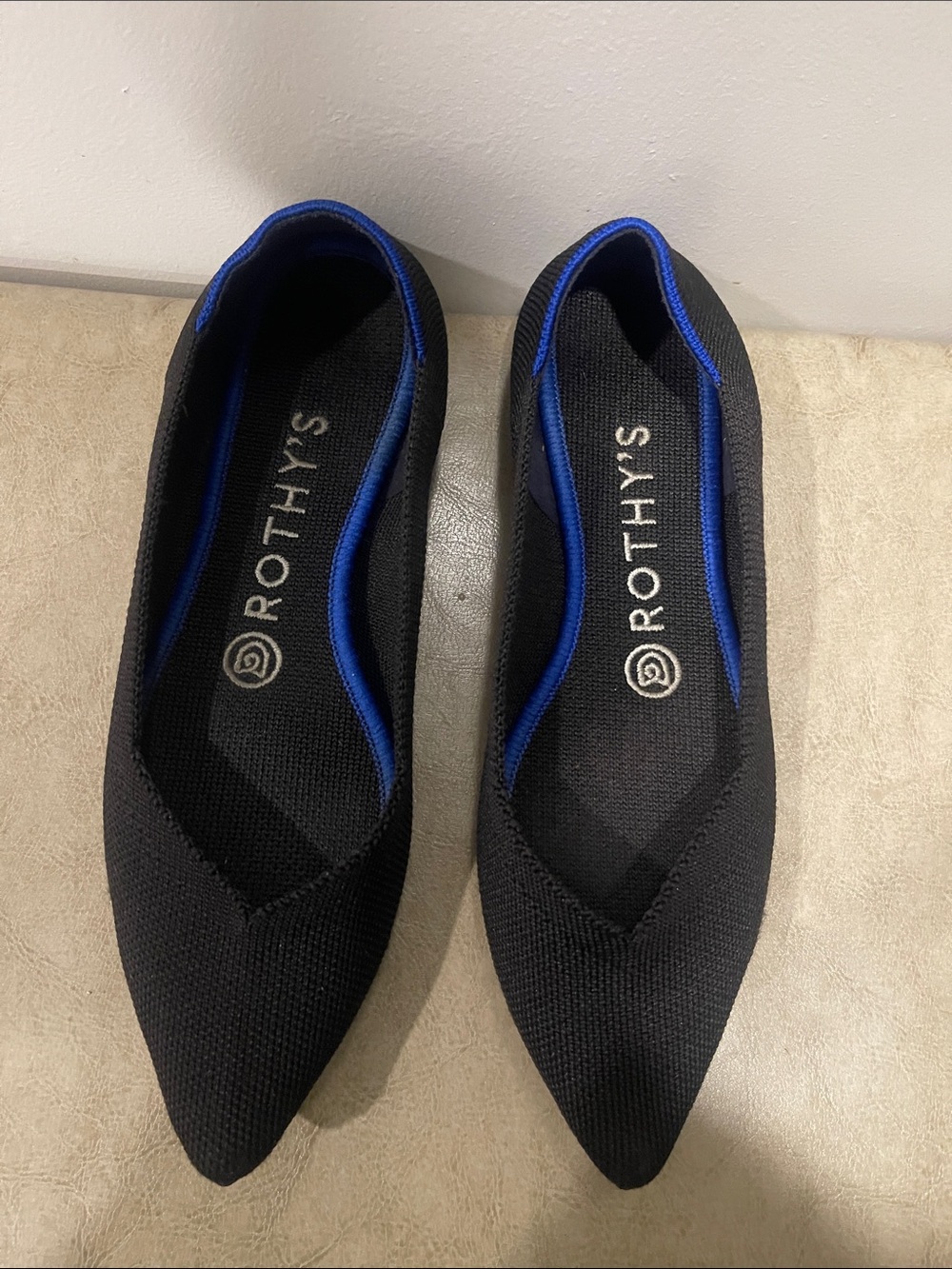 Rothy's Black Flats with Blue Trim